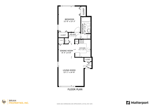 Floor plan for 1 bed, 1 bath, 850 sqft